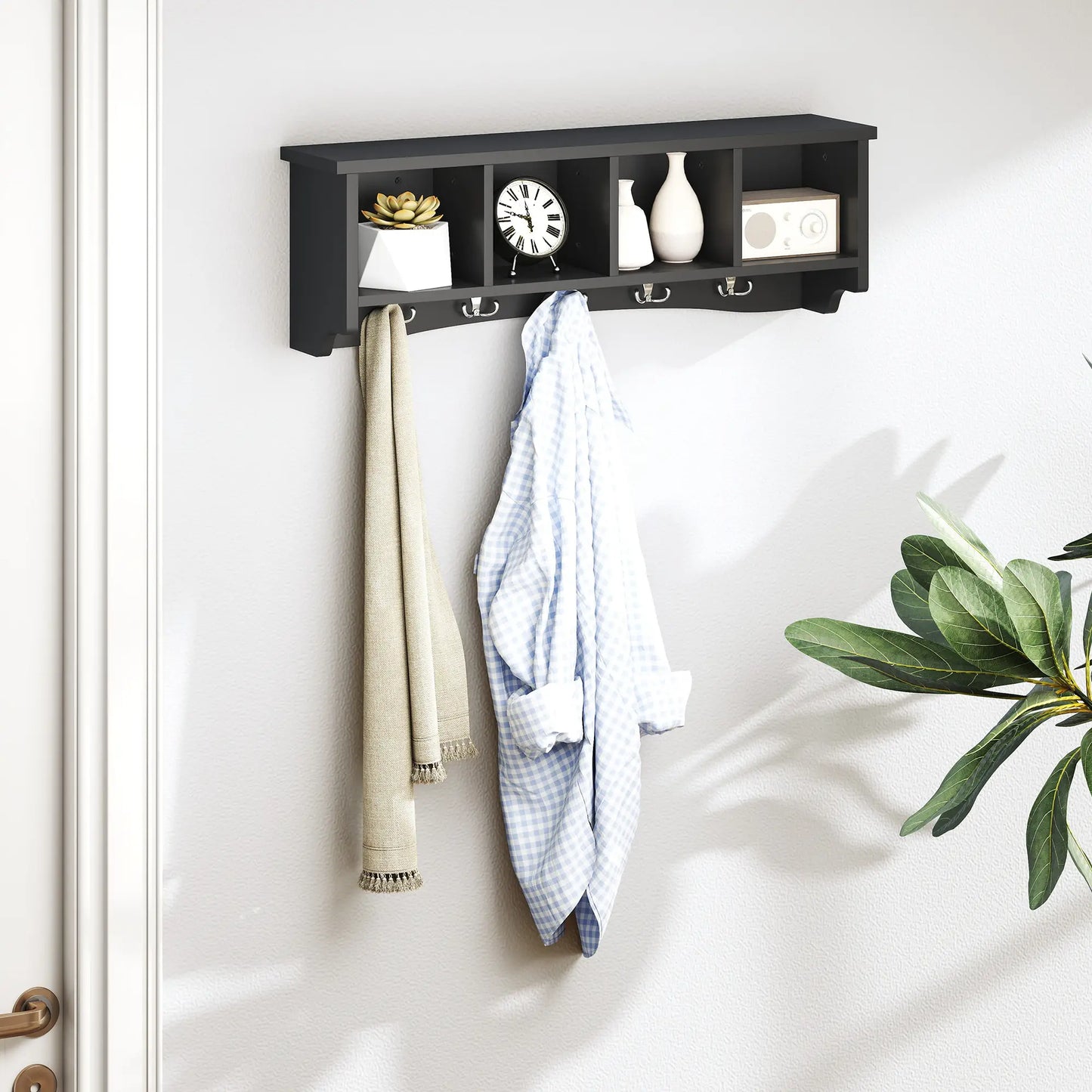 Wall Mount Coat Rack with Shelf, 28", 5 Hooks, 4 Compartments, Black