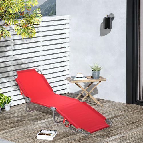 Folding Outdoor Lounge Chair, Portable Reclining Beach Lounger, Breathable Mesh, Red