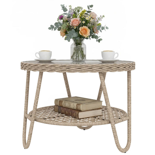 Rattan Outdoor Coffee Table, 2-Tier Small Garden Side Table, Tempered Glass Top Patio Side Tables Yellow at Gallery Canada