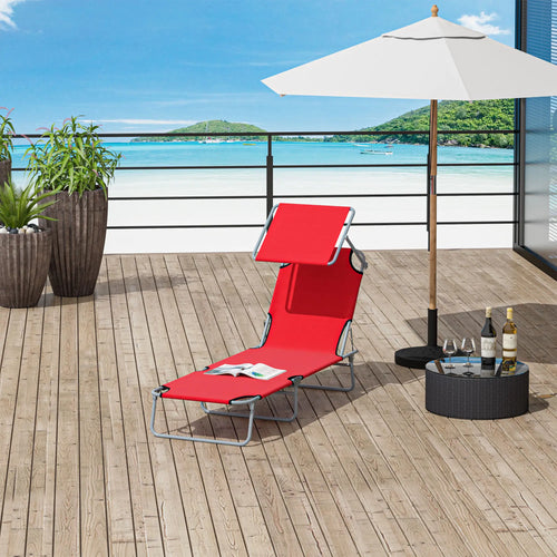Adjustable Folding Chaise Lounge, Outdoor Tanning Chair with Sun Shade, Red