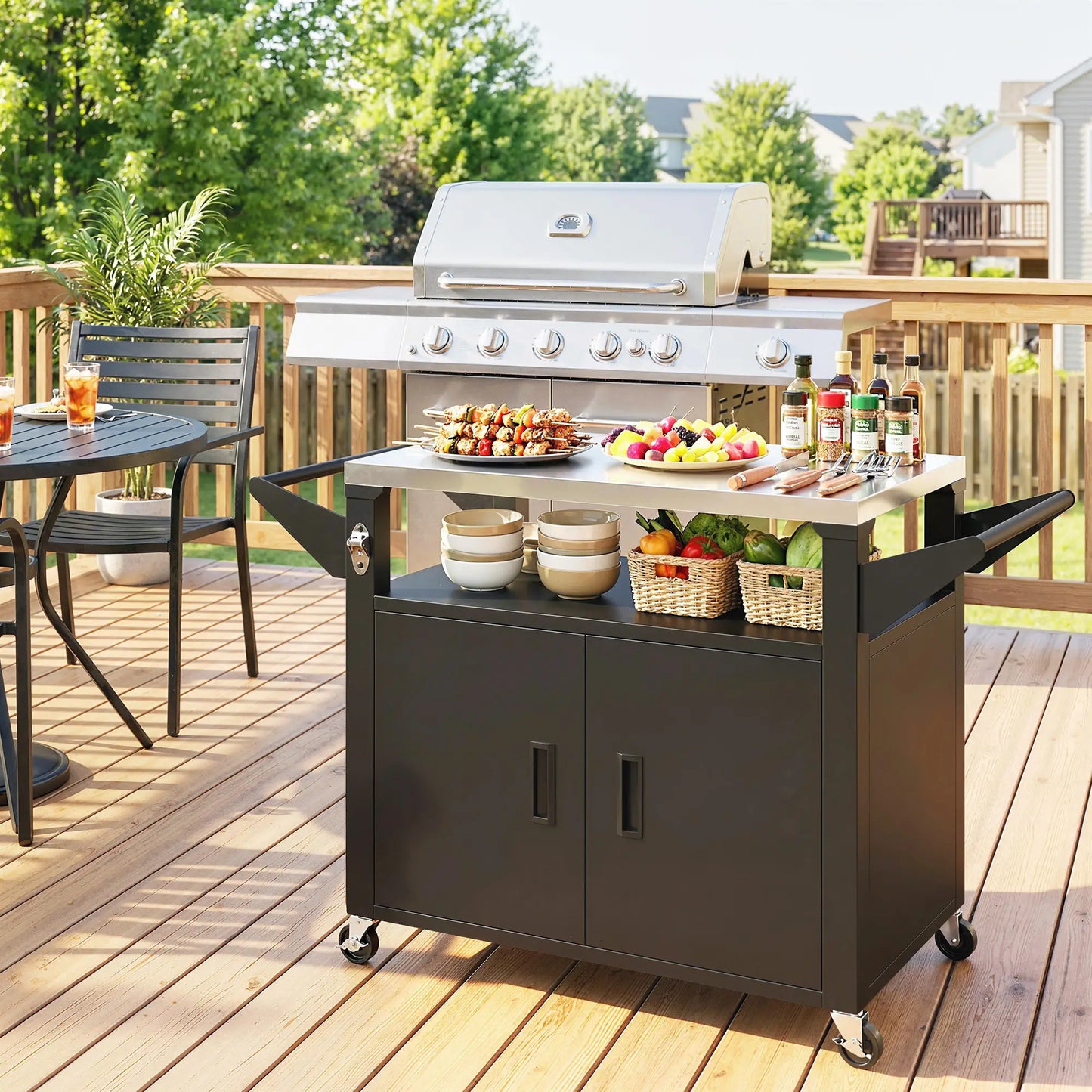 Outdoor Grill Cart, Stainless Steel Tabletop, 3-Shelf Pizza Oven Stand, Storage Cabinet, Wheels, Black Outdoor Grill Carts at Gallery Canada