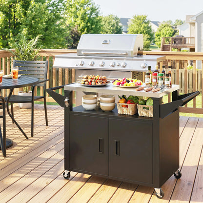 Outdoor Grill Cart, Stainless Steel Tabletop, 3-Shelf Pizza Oven Stand, Storage Cabinet, Wheels, Black Outdoor Grill Carts at Gallery Canada