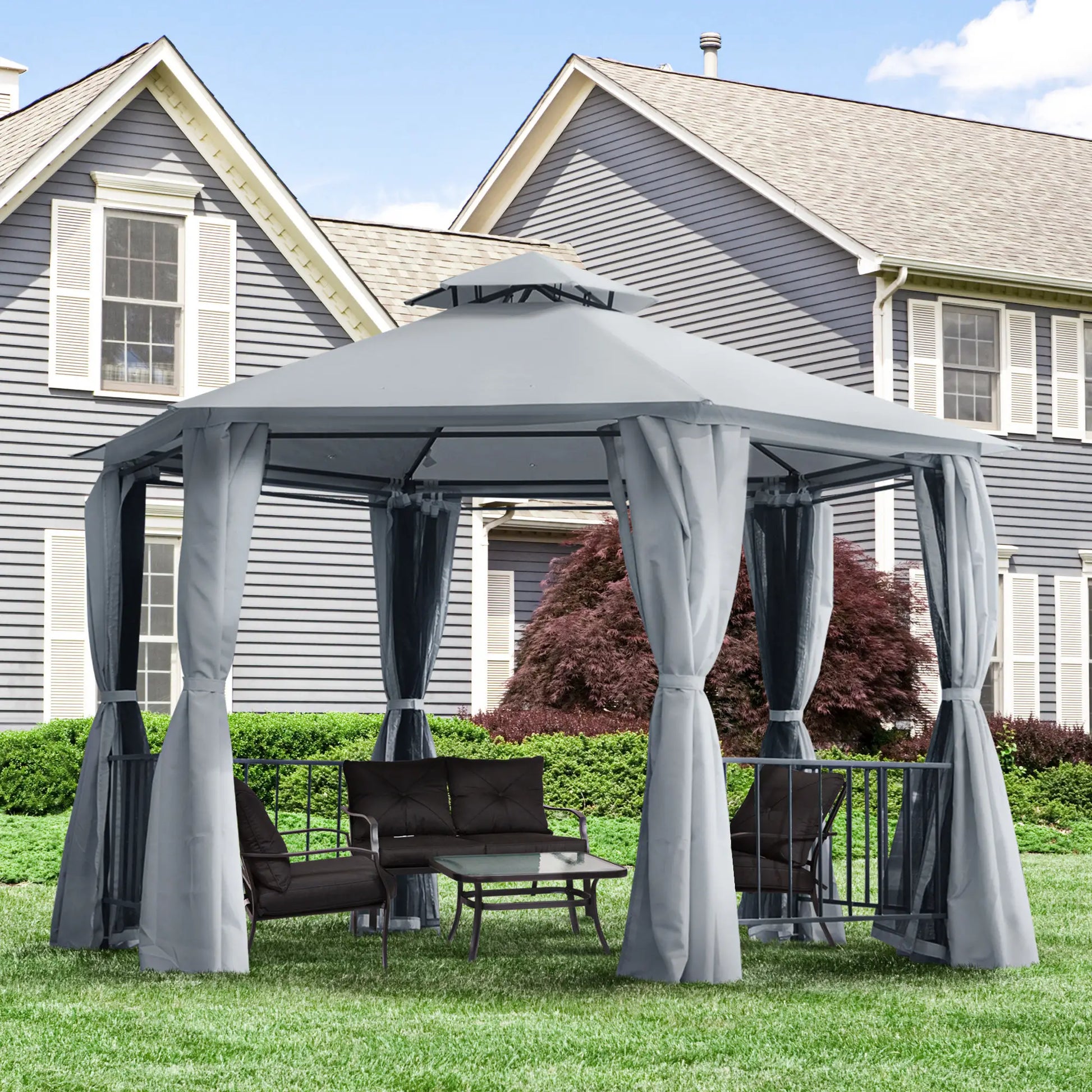13ft Hexagon Gazebo, Outdoor Canopy Shelter, Netting, Shaded Curtains, Grey Gazebos at Gallery Canada