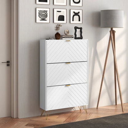 Modern Shoe Storage Cabinet, 3 Flip Drawers for 18 Pairs, Narrow, White
