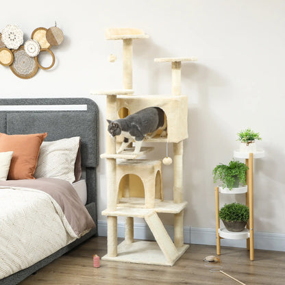 63" Cat Tree, Multi-Level Cat Tower With Scratching Posts, Bed, Cream White Multi-Level Cat Towers at Gallery Canada