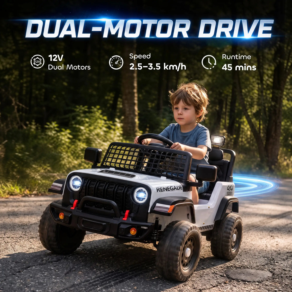 Camion auto électrique 12V, télécommande, démarrage progressif, 2-4 ans, Blanc