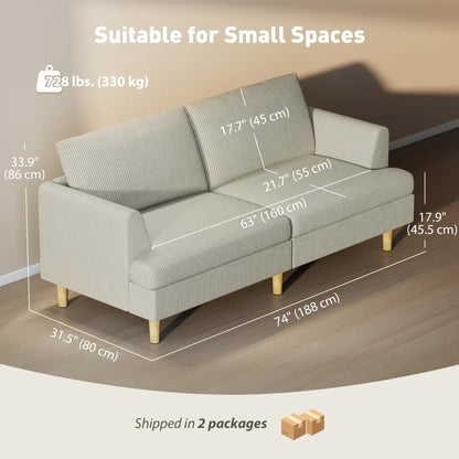 3 Seater Sofa, 74" Corduroy Couch, Solid Wood Legs, Beige 3-Seater Sofas at Gallery Canada