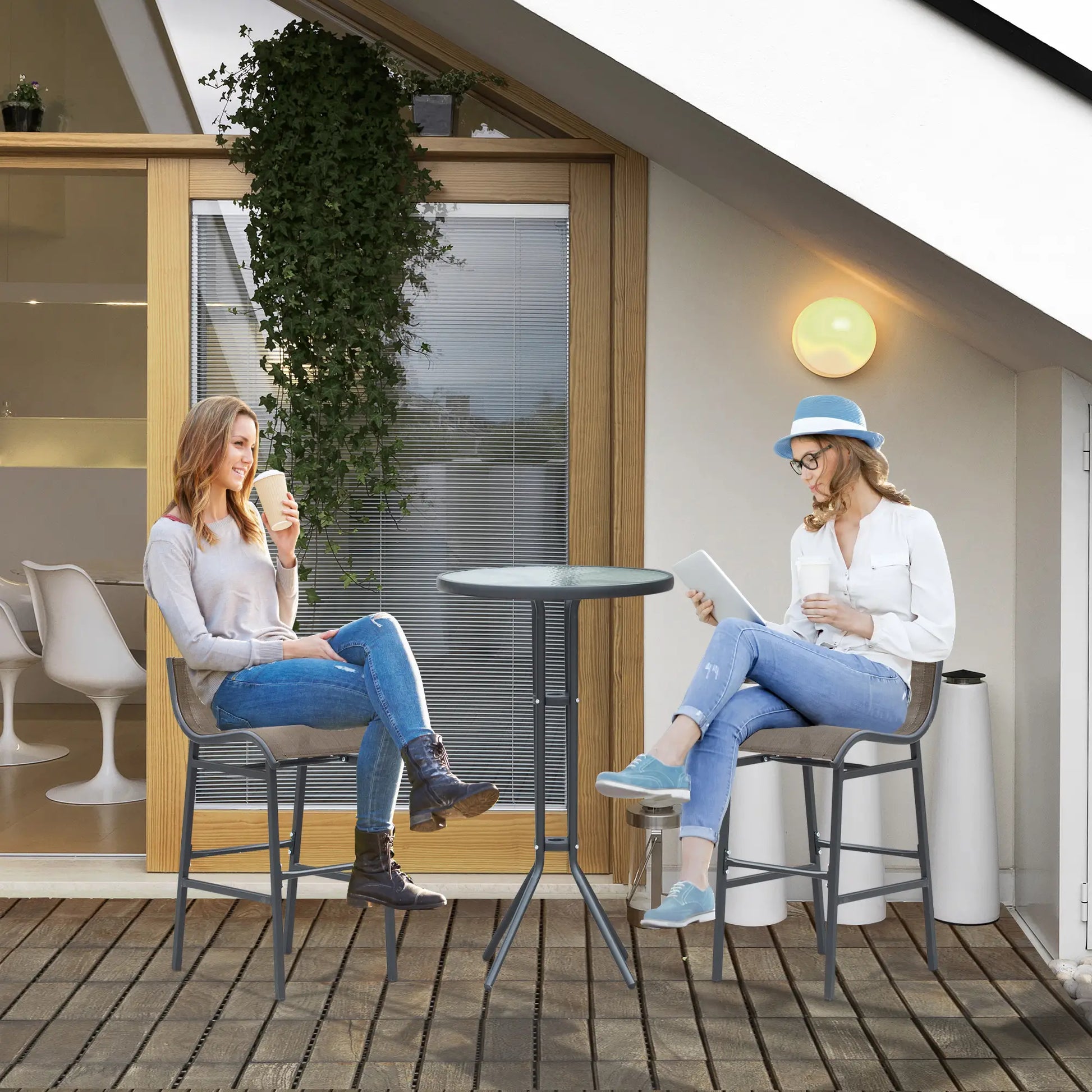 3pcs Patio Bar Set, 2 Bar Stools, 1 Tempered Glass Table, Tan Bistro Sets at Gallery Canada