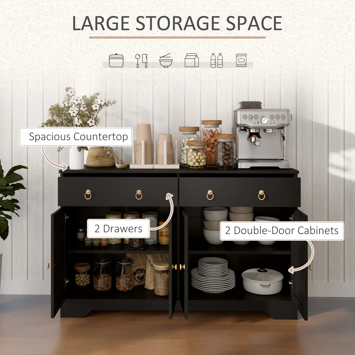 Sideboard Cabinet, 2 Drawers, 4 Barn Doors, 2 Adjustable Shelves, Black Bar Cabinets at Gallery Canada