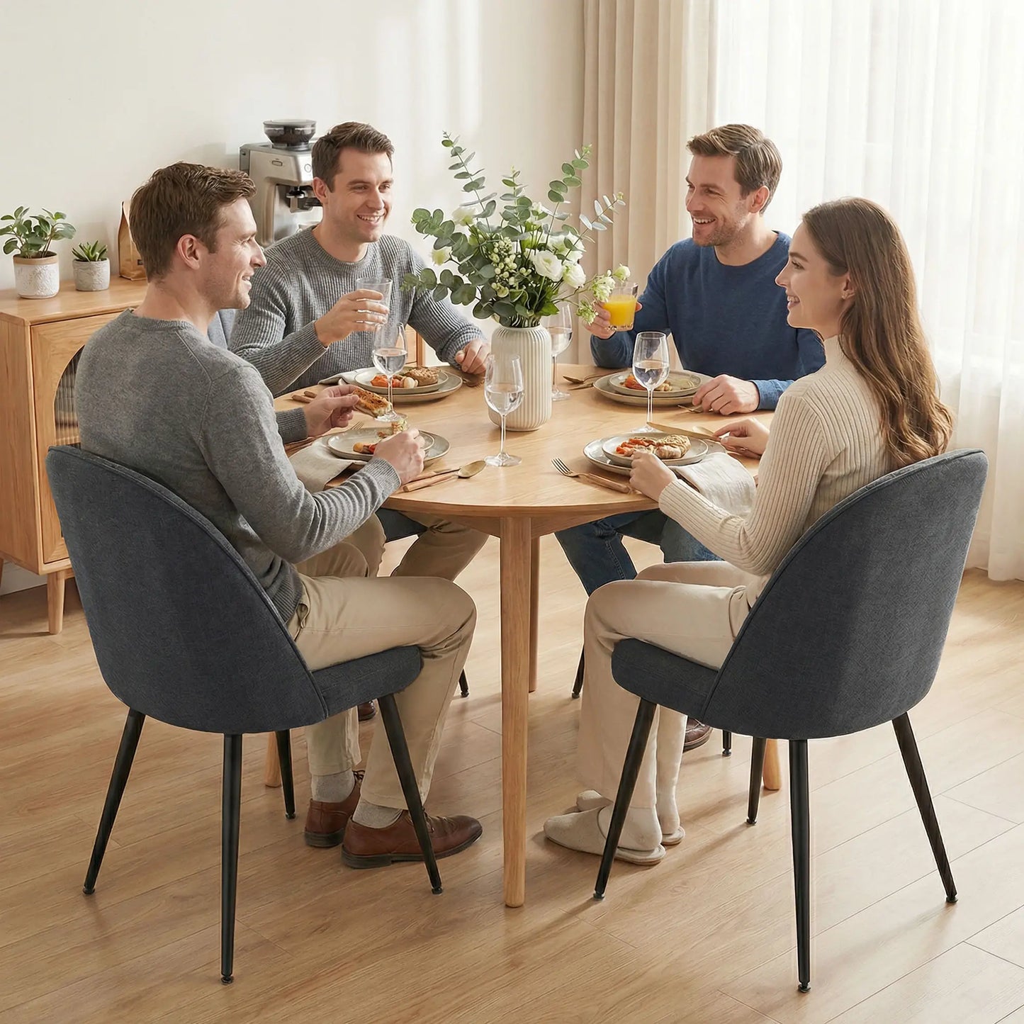 Modern Dining Chairs Set of 4, Velvet Upholstered, Steel Legs, Dark Grey Dining Chairs at Gallery Canada