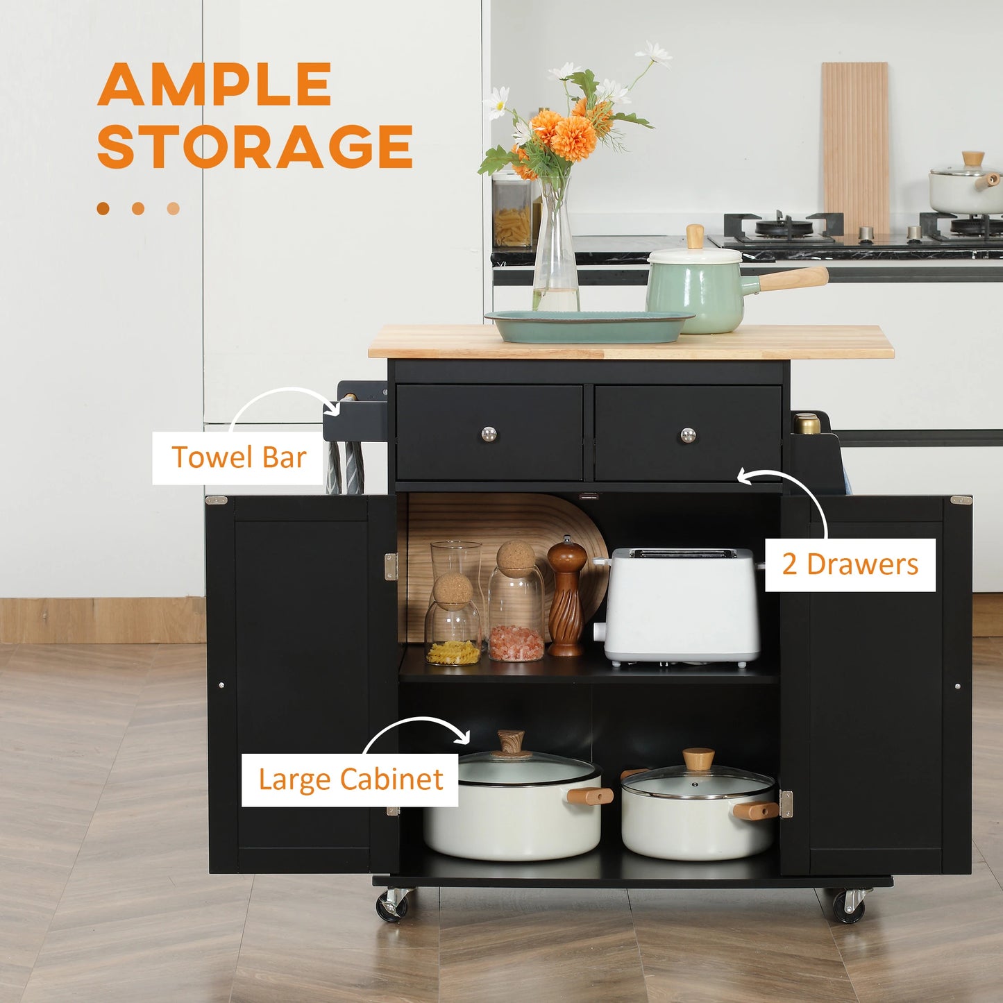 Rolling Kitchen Island Cart, Rubber Wood Top, 3-Tier Spice Rack, Black Kitchen Islands & Kitchen Carts at Gallery Canada