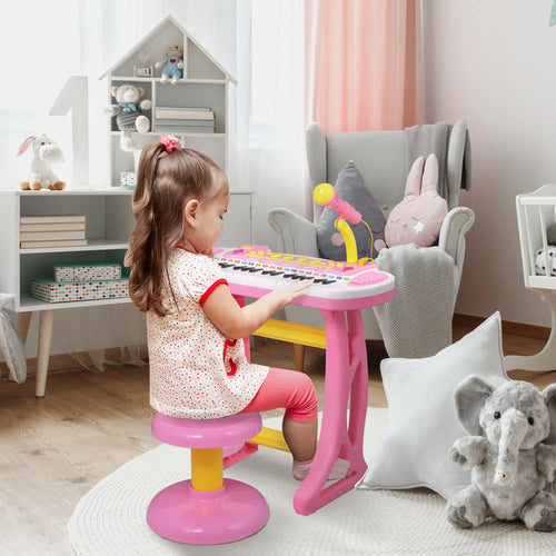 Kids Toy Piano Keyboard, Sitting Stool, Microphone, Flashlight, Pink