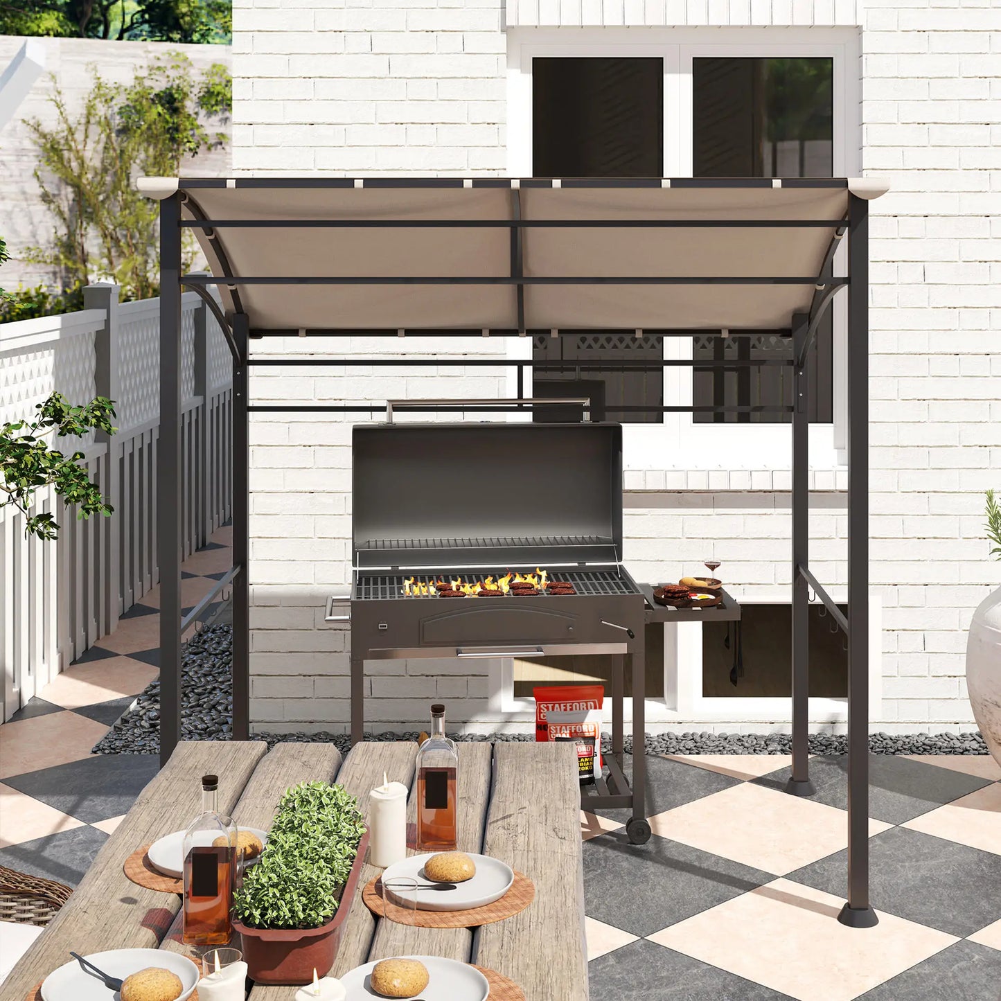 7' x 5' BBQ Grill Gazebo Tent, Steel Frame, Hooks, Khaki BBQ Grill Gazebos at Gallery Canada