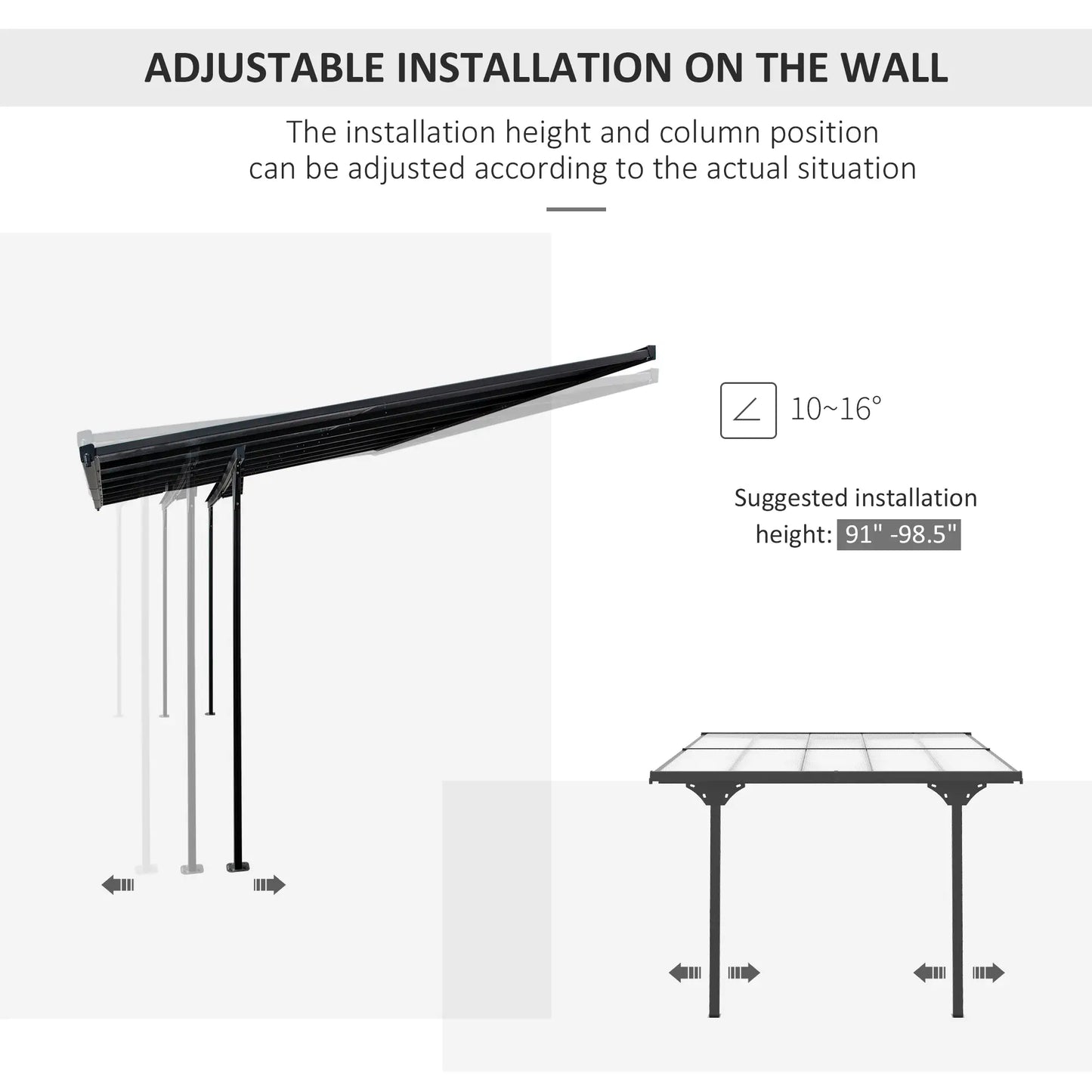 10' x 10' Aluminum Pergola, Adjustable Height, Polycarbonate Roof, UV Protection, Grey Pergolas at Gallery Canada