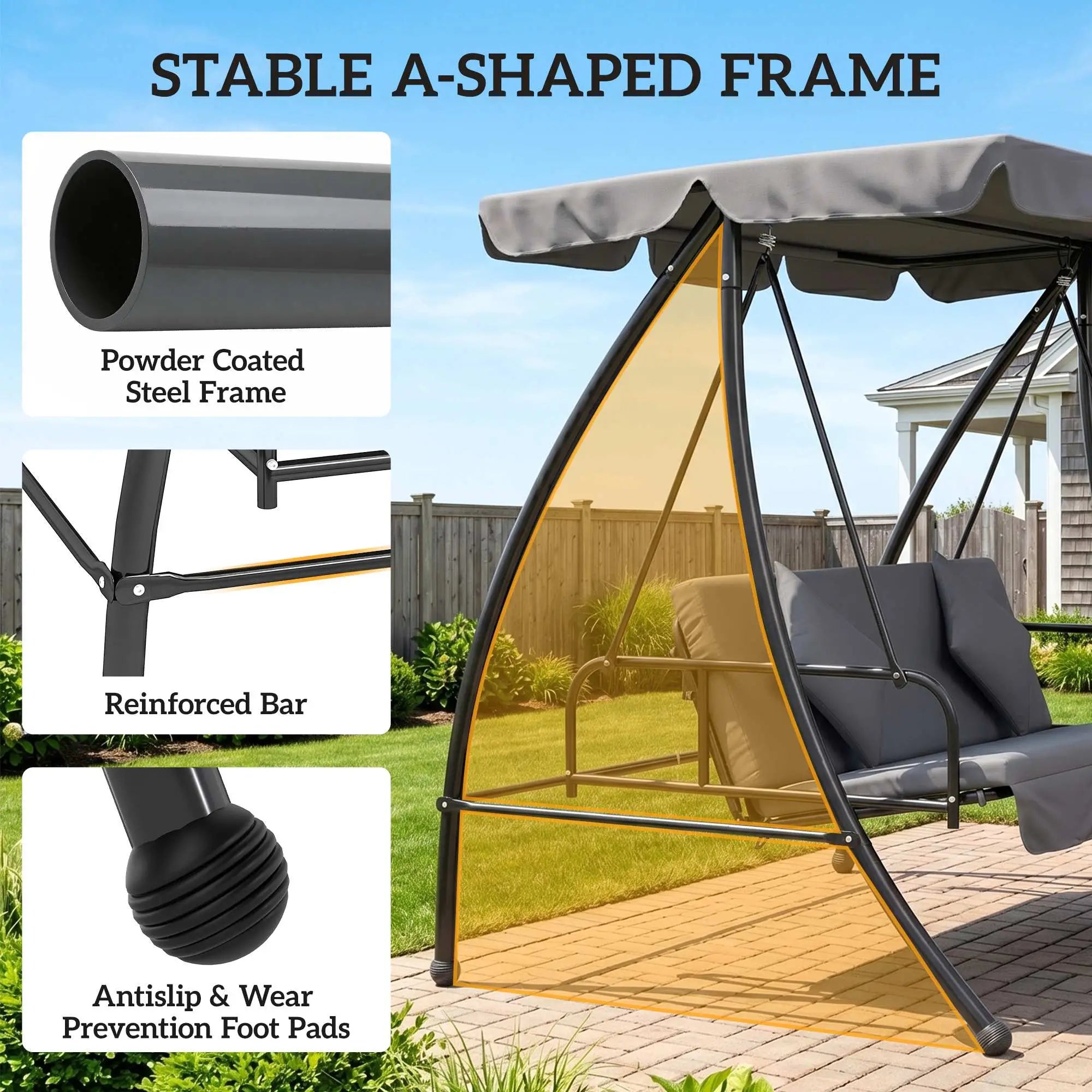 3-Person Patio Swing Chair Convertible Hammock, Dark Grey Patio Swings with Stand at Gallery Canada