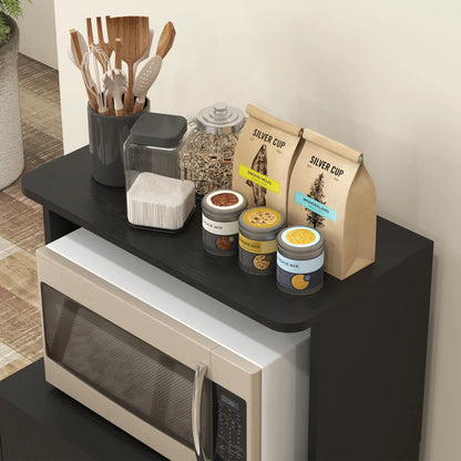 Microwave Cart on Wheels, 2-Door Cabinet, Black Wood Grain, Black Kitchen Pantry Cabinets at Gallery Canada