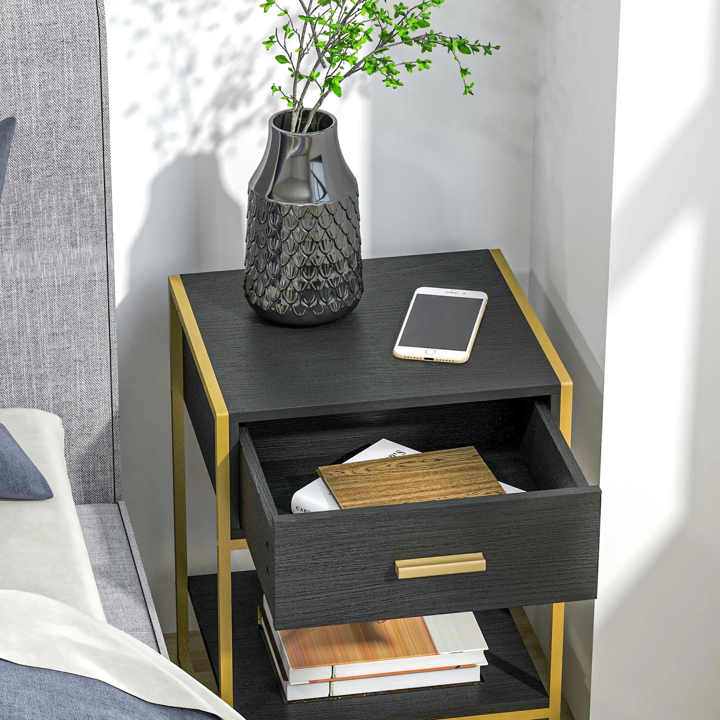 Modern Nightstand Set of 2, Small with Drawer, Shelf, Steel Frame, Black