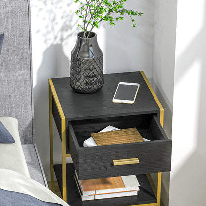 Modern Nightstand Set of 2, Small with Drawer, Shelf, Steel Frame, Black