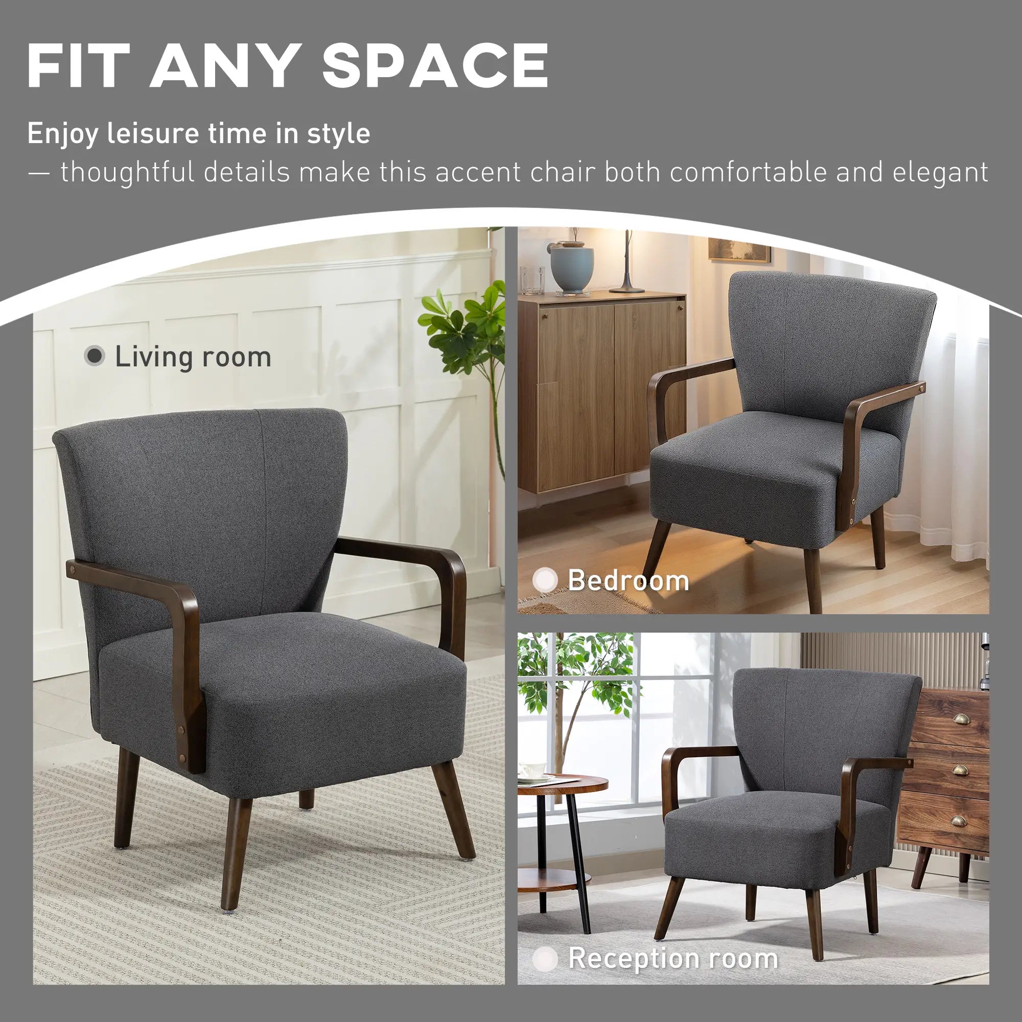 Accent Chair with Wooden Legs, Linen Fabric, Thick Padding, Dark Grey Accent Chairs at Gallery Canada