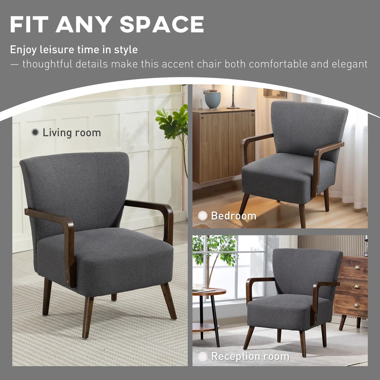 Accent Chair with Wooden Legs, Linen Fabric, Thick Padding, Dark Grey Accent Chairs at Gallery Canada