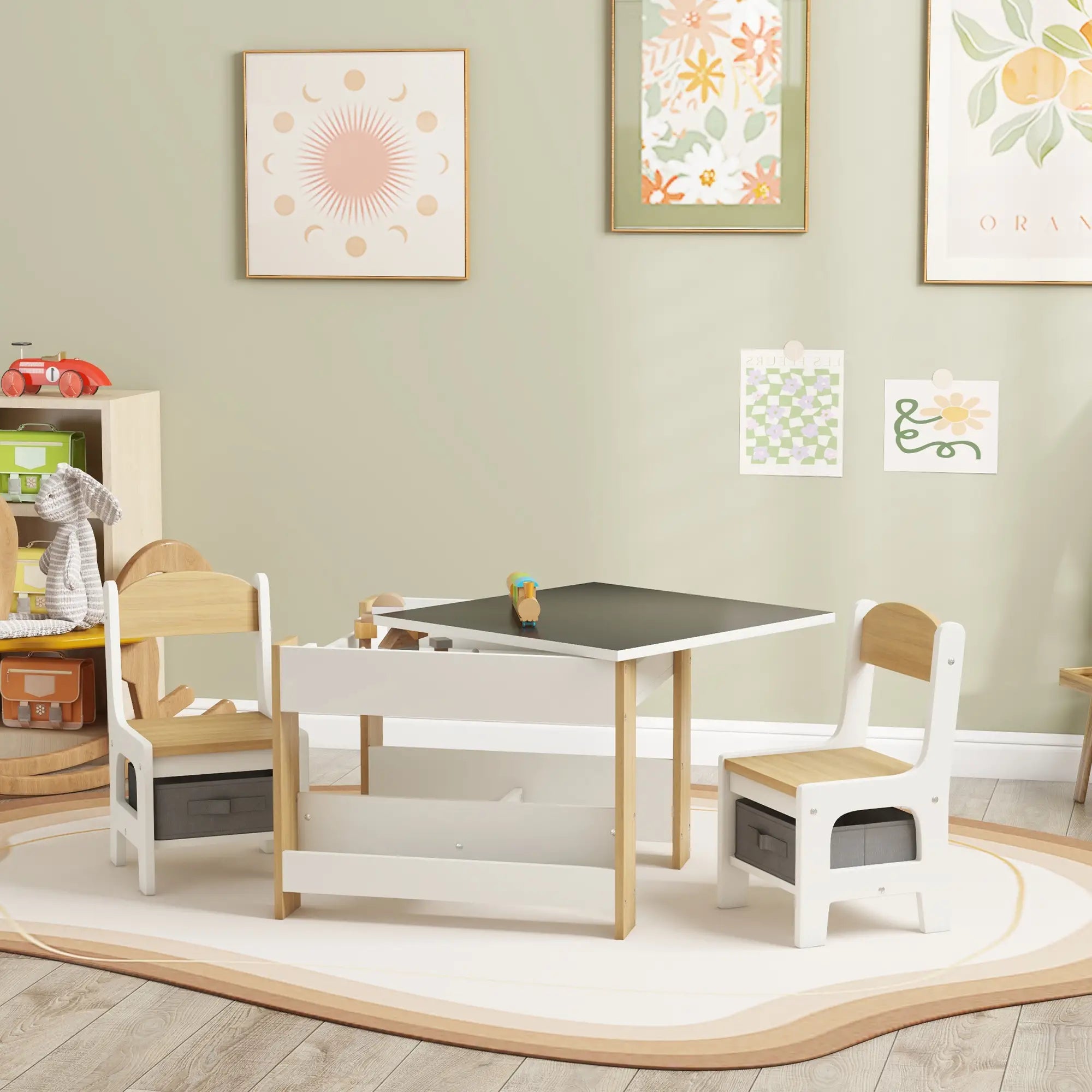 3 Piece Kids Table and Chair Set, Reversible Tabletop, Blackboard, Storage, Bookshelf, Natural Kids Table Sets at Gallery Canada