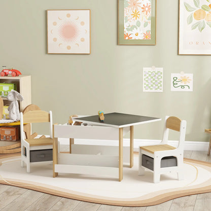 3 Piece Kids Table and Chair Set, Reversible Tabletop, Blackboard, Storage, Bookshelf, Natural Kids Table Sets at Gallery Canada