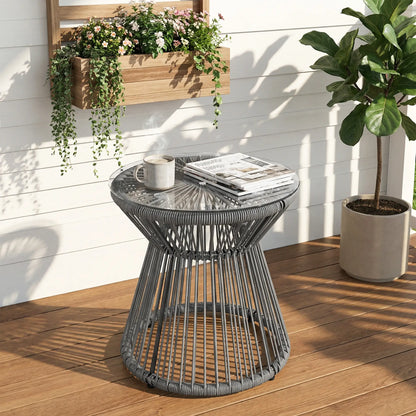 Round Rattan End Table, Hollow Drum Design, Glass Top, Dark Grey Patio Side Tables at Gallery Canada