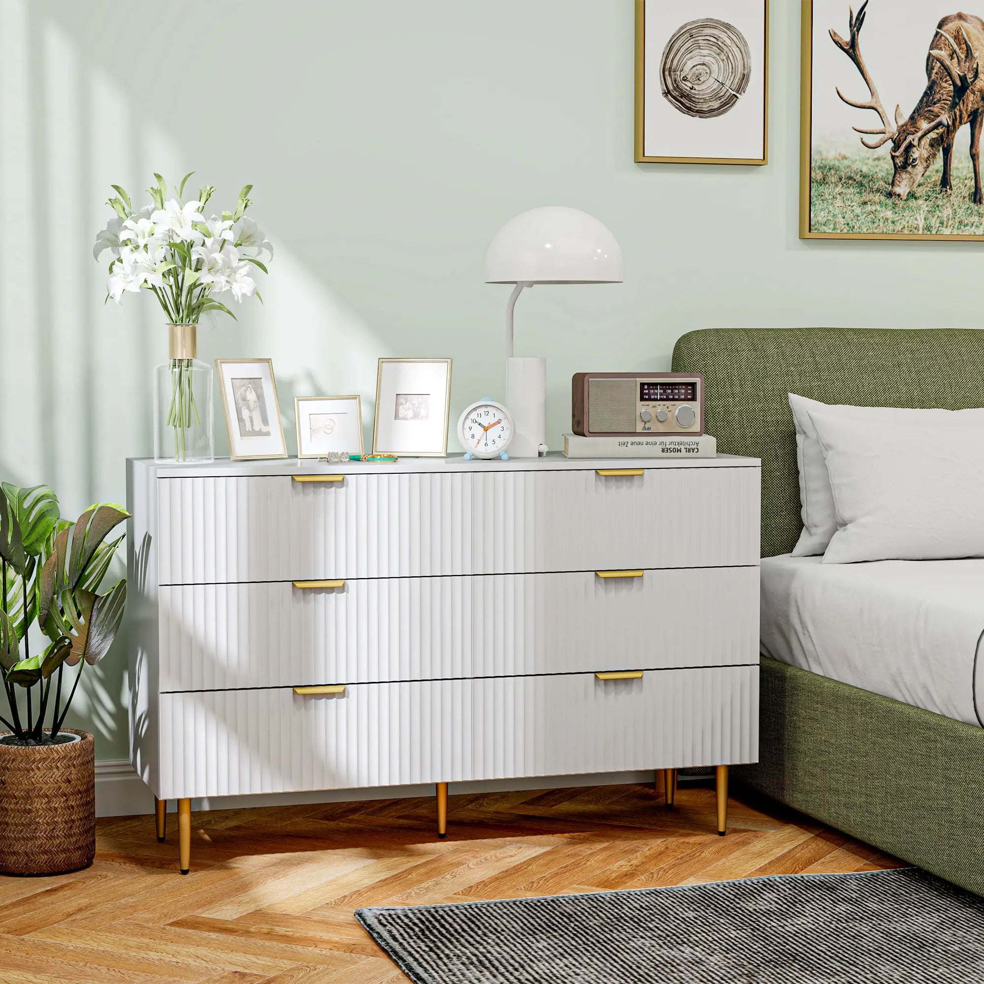 Modern 6 Drawer Dresser, Gold Legs and Handles, White Storage Cabinets at Gallery Canada