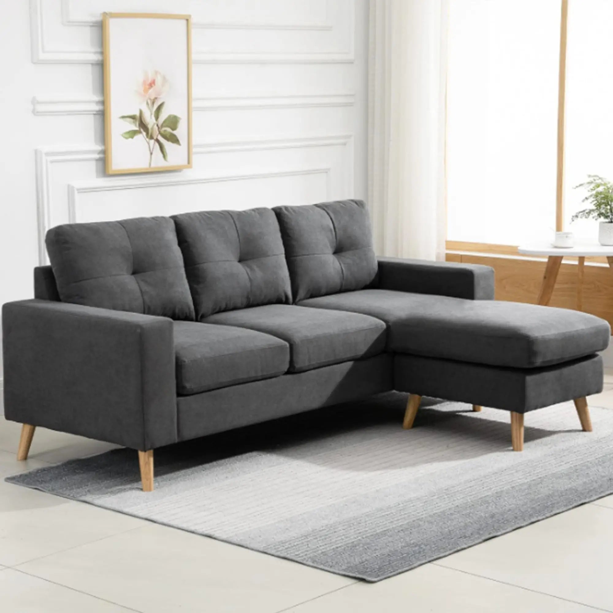 L Shaped Sectional Sofa, Reversible Chaise, Wooden Legs, Dark Grey 3-Seater Sofas at Gallery Canada