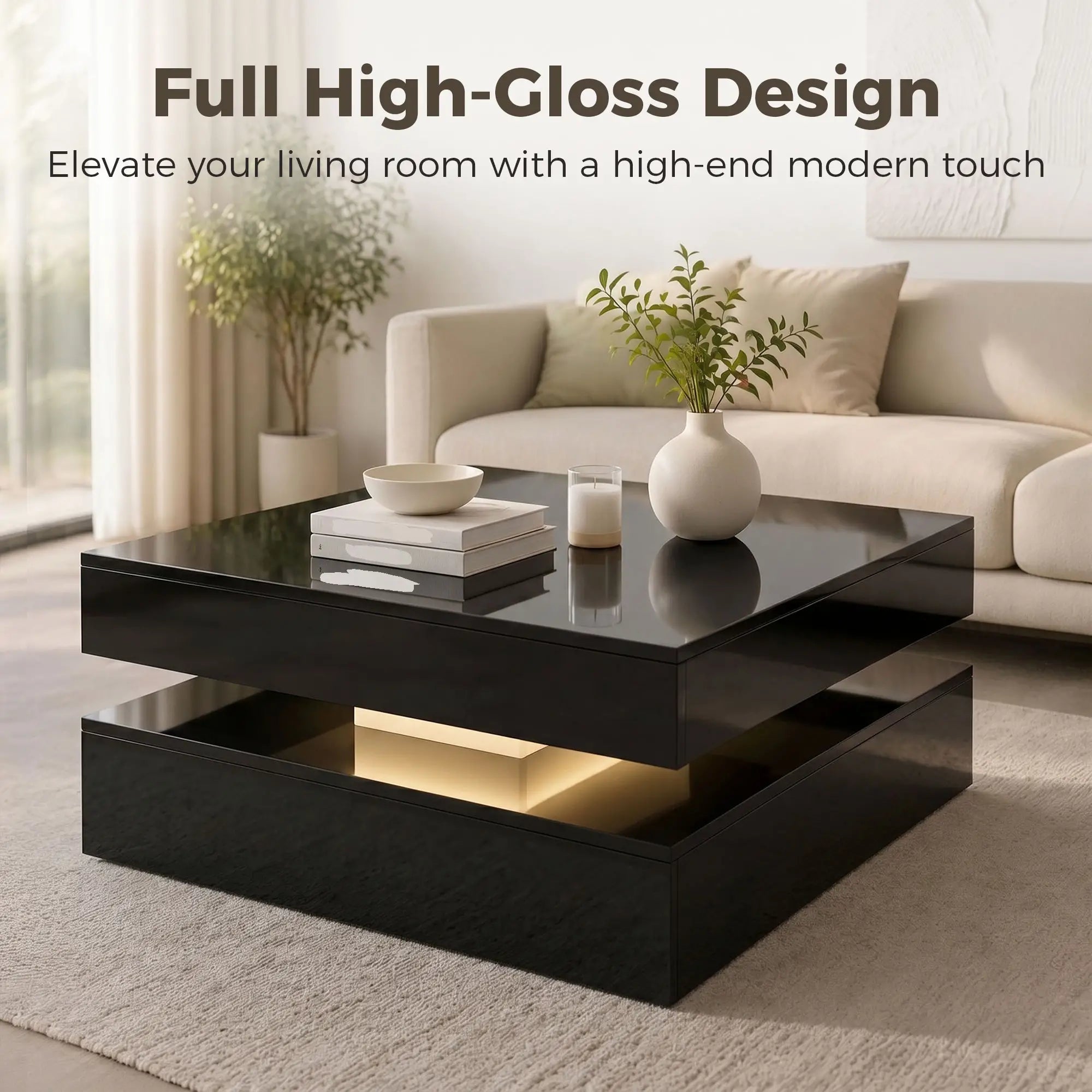 LED Coffee Table with Storage, 2-Tier Modern Center Table with Open Shelf and Remote for Living Room, High Gloss Black Coffee Tables at Gallery Canada