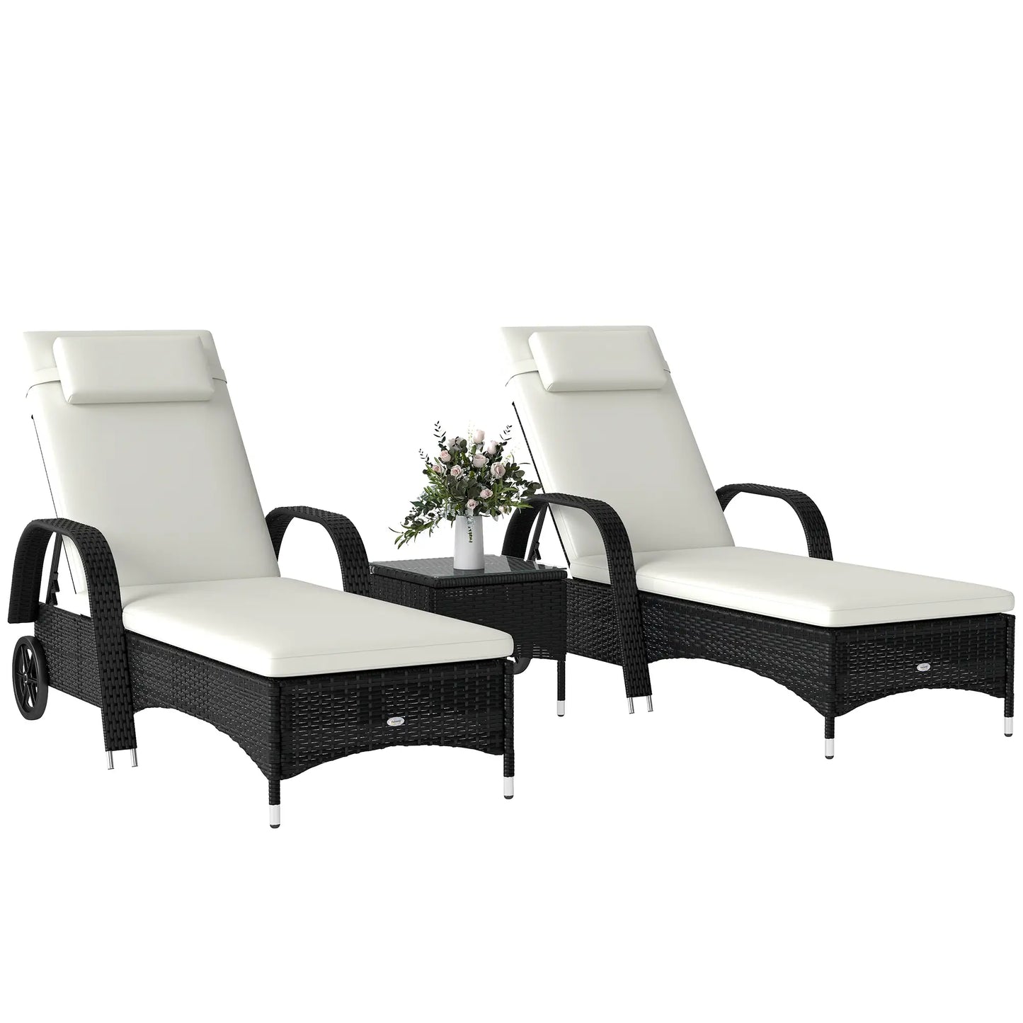 Rattan Lounge Set, Wheeled Chaise Chair, Tempered Glass Table, White Chaise Loungers Black Rattan, Cream White Cushion at Gallery Canada