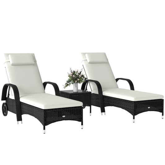 Rattan Lounge Set, Wheeled Chaise Chair, Tempered Glass Table, White Chaise Loungers Black Rattan, Cream White Cushion at Gallery Canada