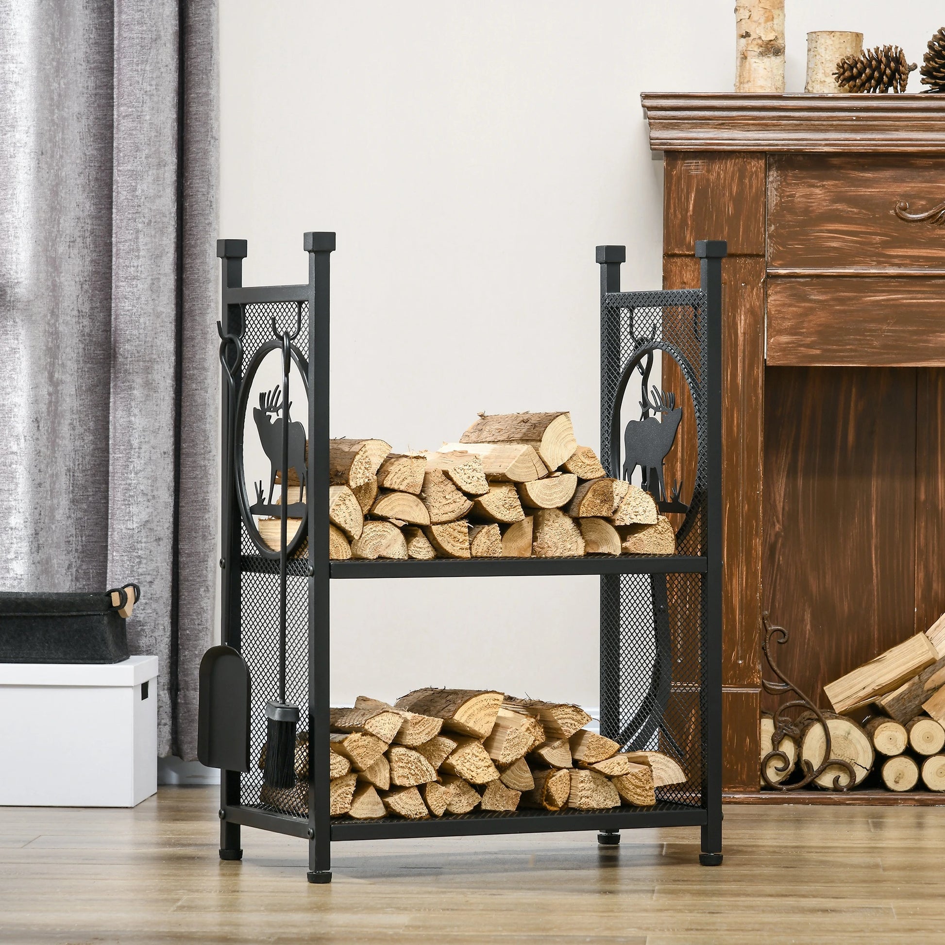 2-Tier Firewood Rack, Shovel, Broom, Poker, Tongs, 21.7" x 12.6" x 30.3", Black Firewood Racks at Gallery Canada
