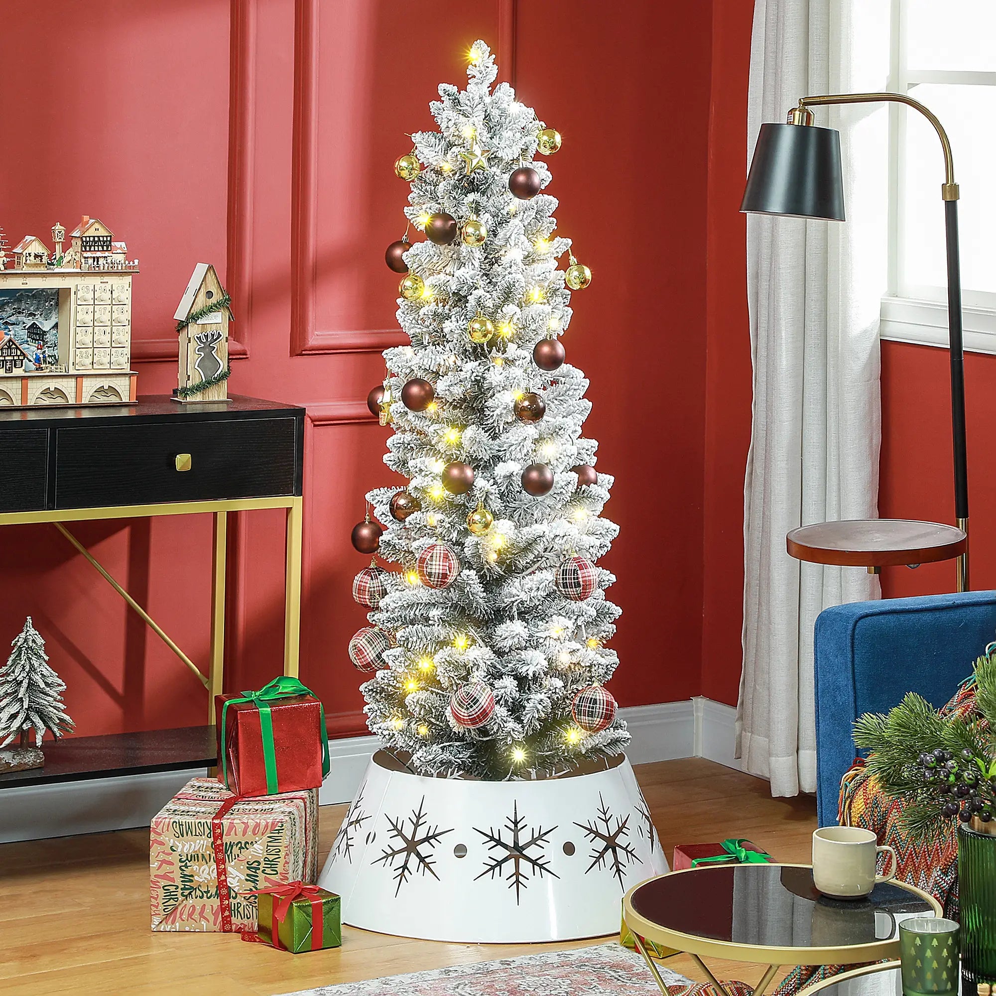 5ft Prelit Snow Flocked Christmas Tree, Metal Base, Warm White LED Pre Lit Christmas Trees at Gallery Canada