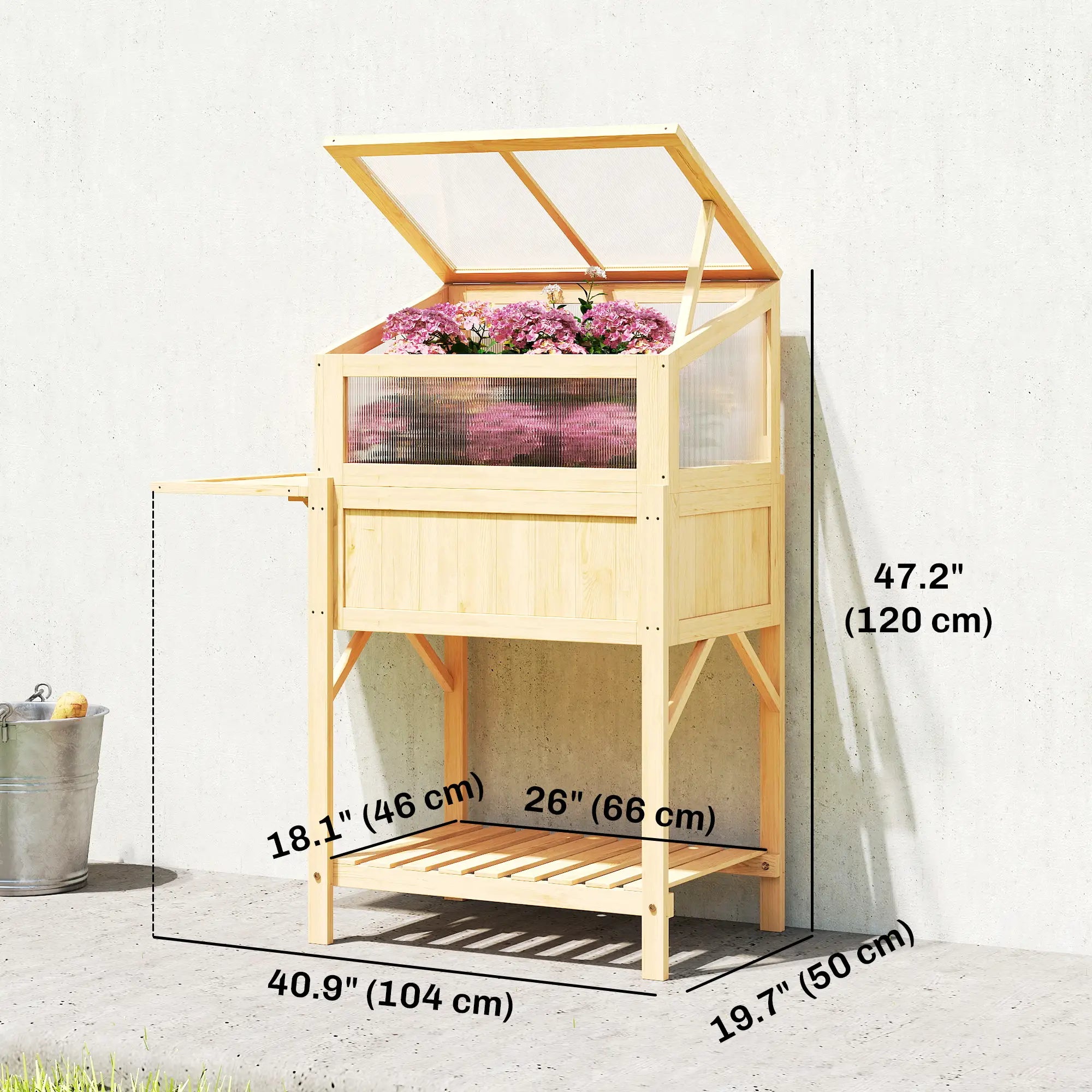 Raised Garden Bed Planter With Cold Frame, Wooden Elevated Planter Box With Folding Side Table And Shelf, Natural Wood Elevated Garden Beds at Gallery Canada