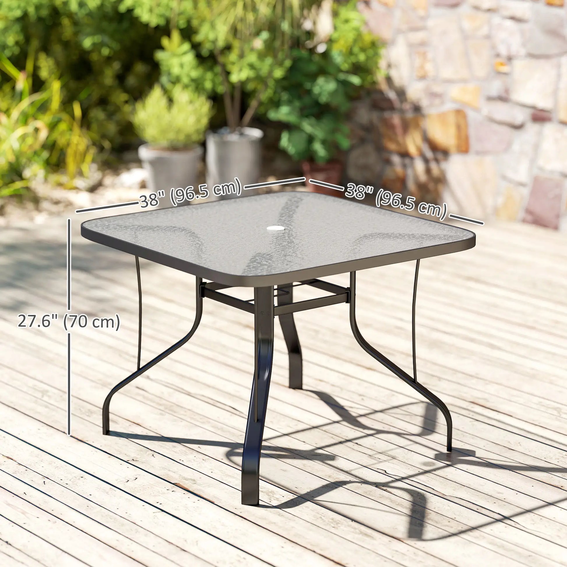 Tempered Glass Square Patio Table, 2.1" Umbrella Hole, 38" x 38" x 28" Patio Dinning Tables at Gallery Canada