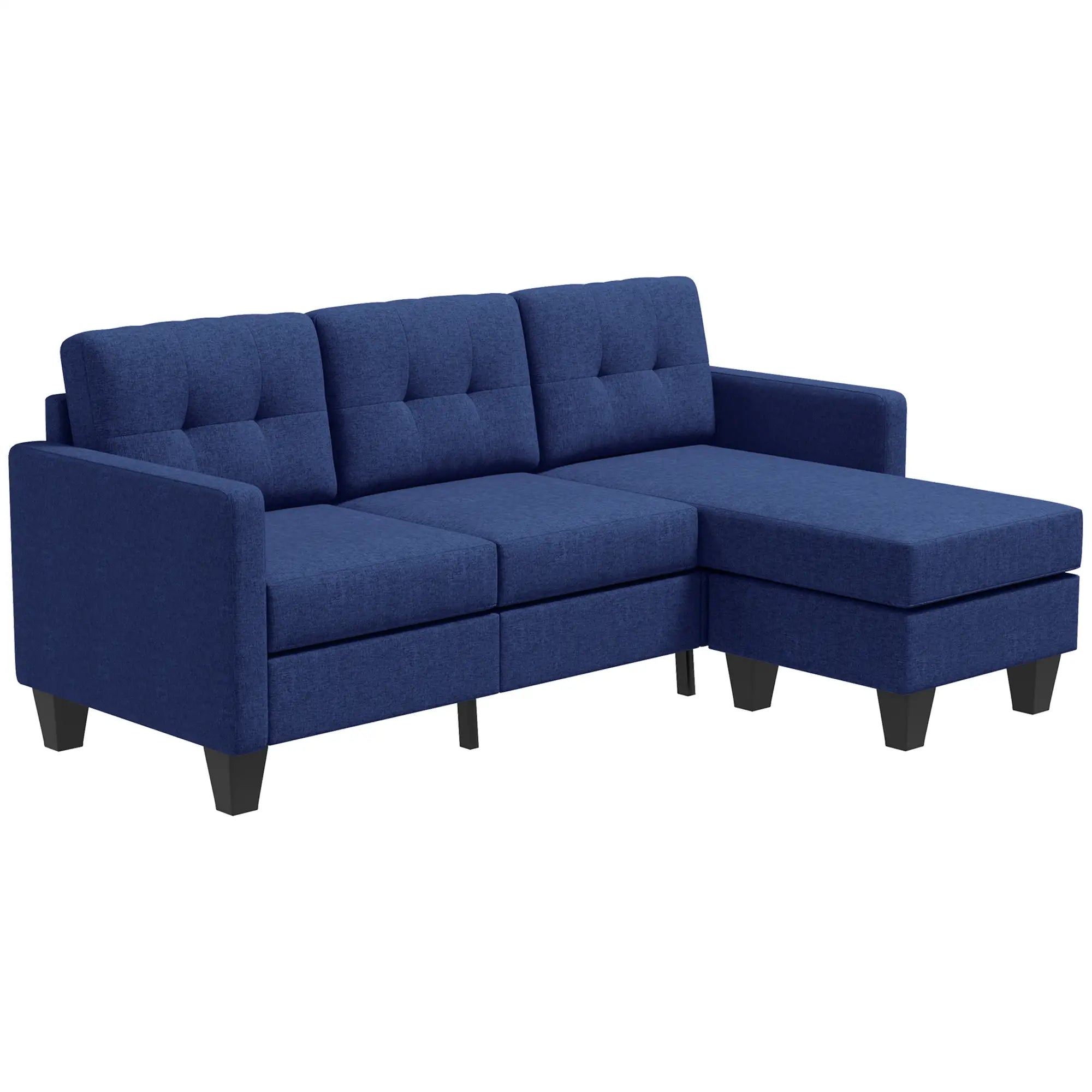 L-shaped Sofa, 3 Seater Sectional Couch with Ottoman, Corner Sofa with Thick Padded Cushion and Wood Legs, Dark Blue 3-Seater Sofas Dark Blue at Gallery Canada