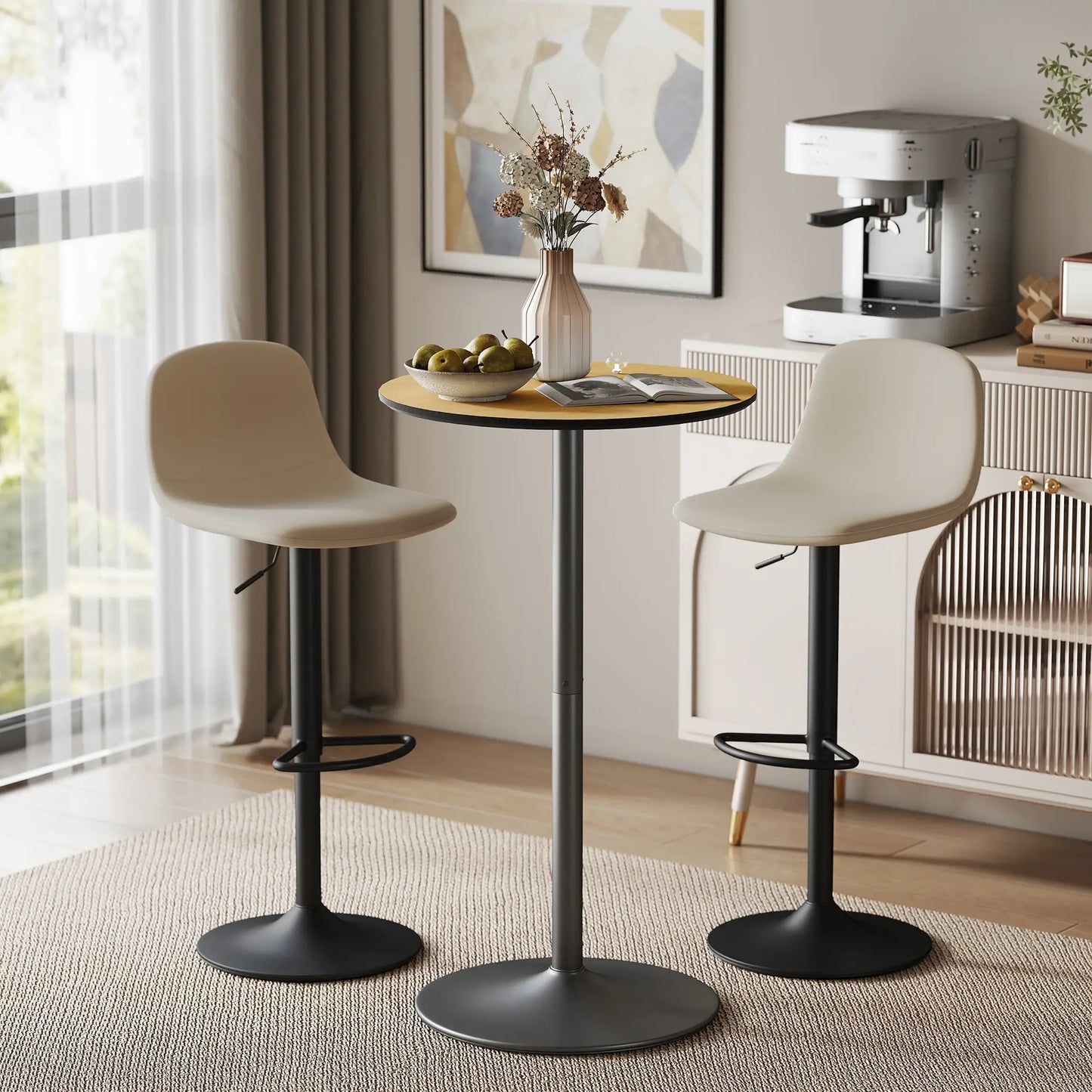 Round Table for 2, 40.2 Inch, Natural Wood, Steel Frame Bar Tables at Gallery Canada