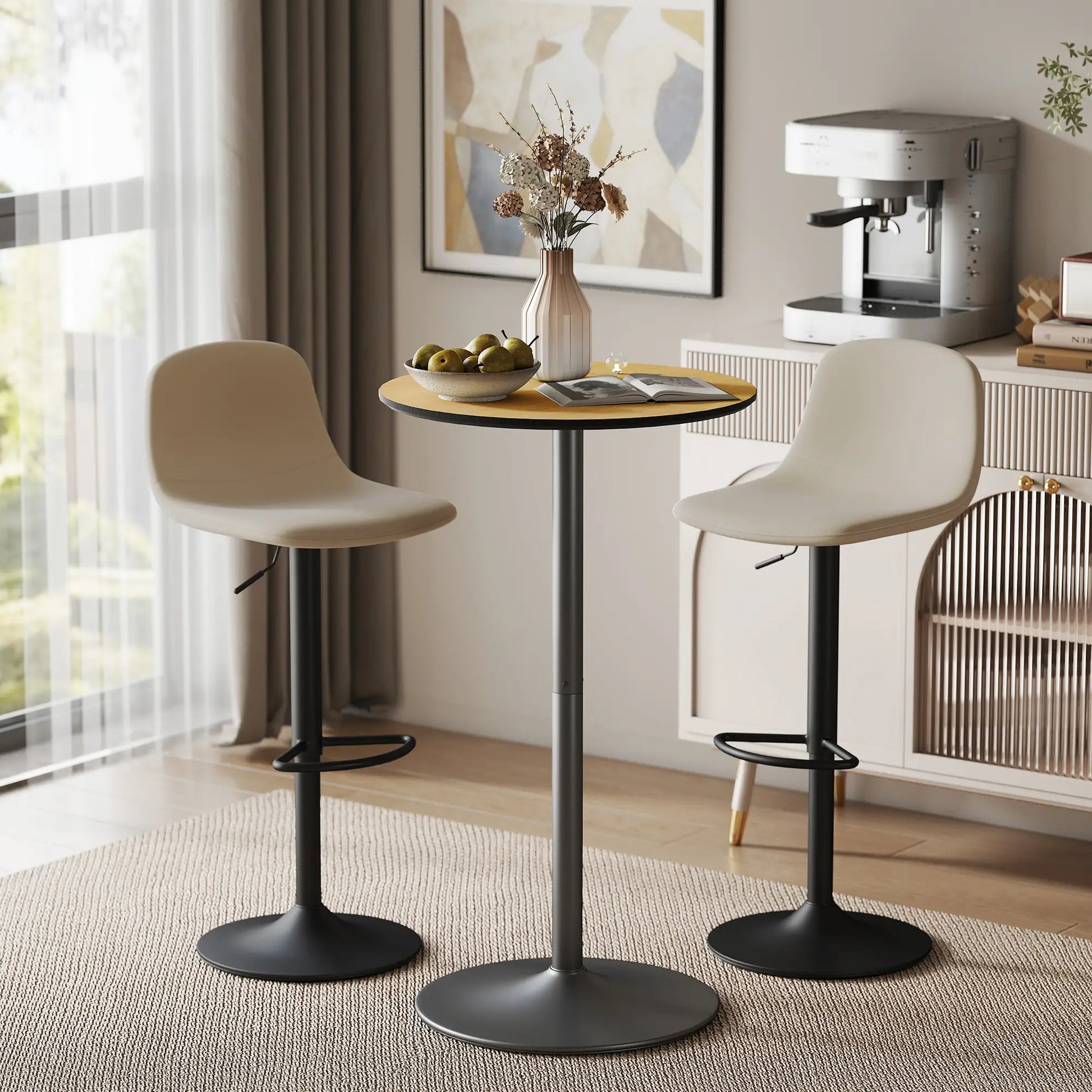 Round Table for 2, 40.2 Inch, Natural Wood, Steel Frame Bar Tables at Gallery Canada