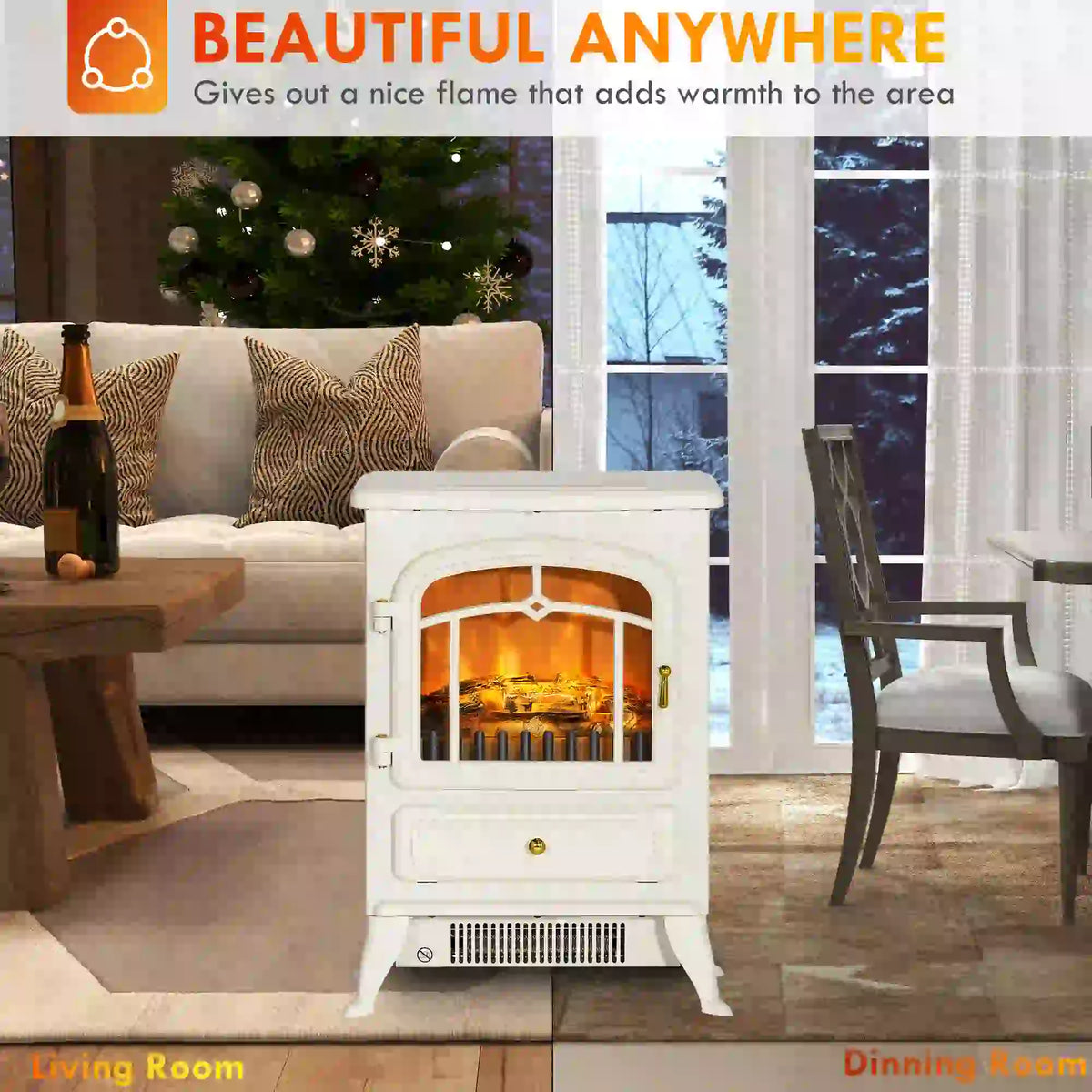 16" Freestanding Electric Fireplace Heater, Wood Flame, 750/1500W, Beige Electric Fireplaces at Gallery Canada