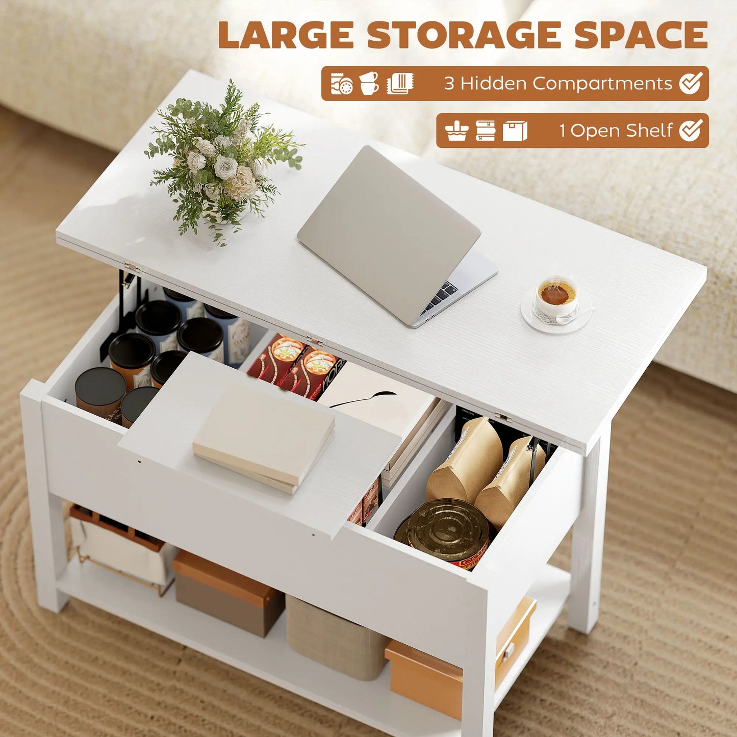 Table basse relevable avec rangement, blanche