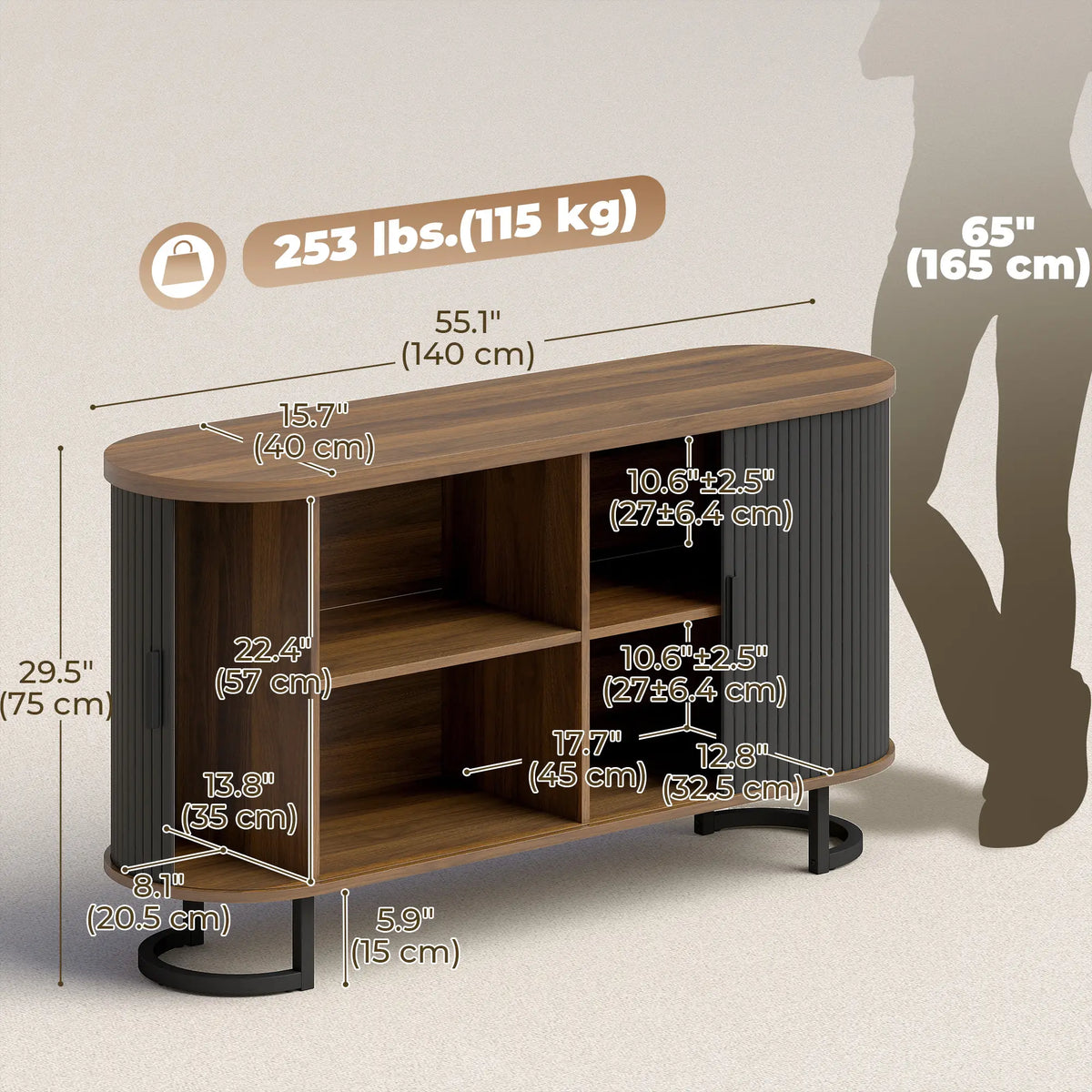 55" Fluted Sideboard Buffet Cabinet, Sliding Doors, Black Bar Cabinets at Gallery Canada