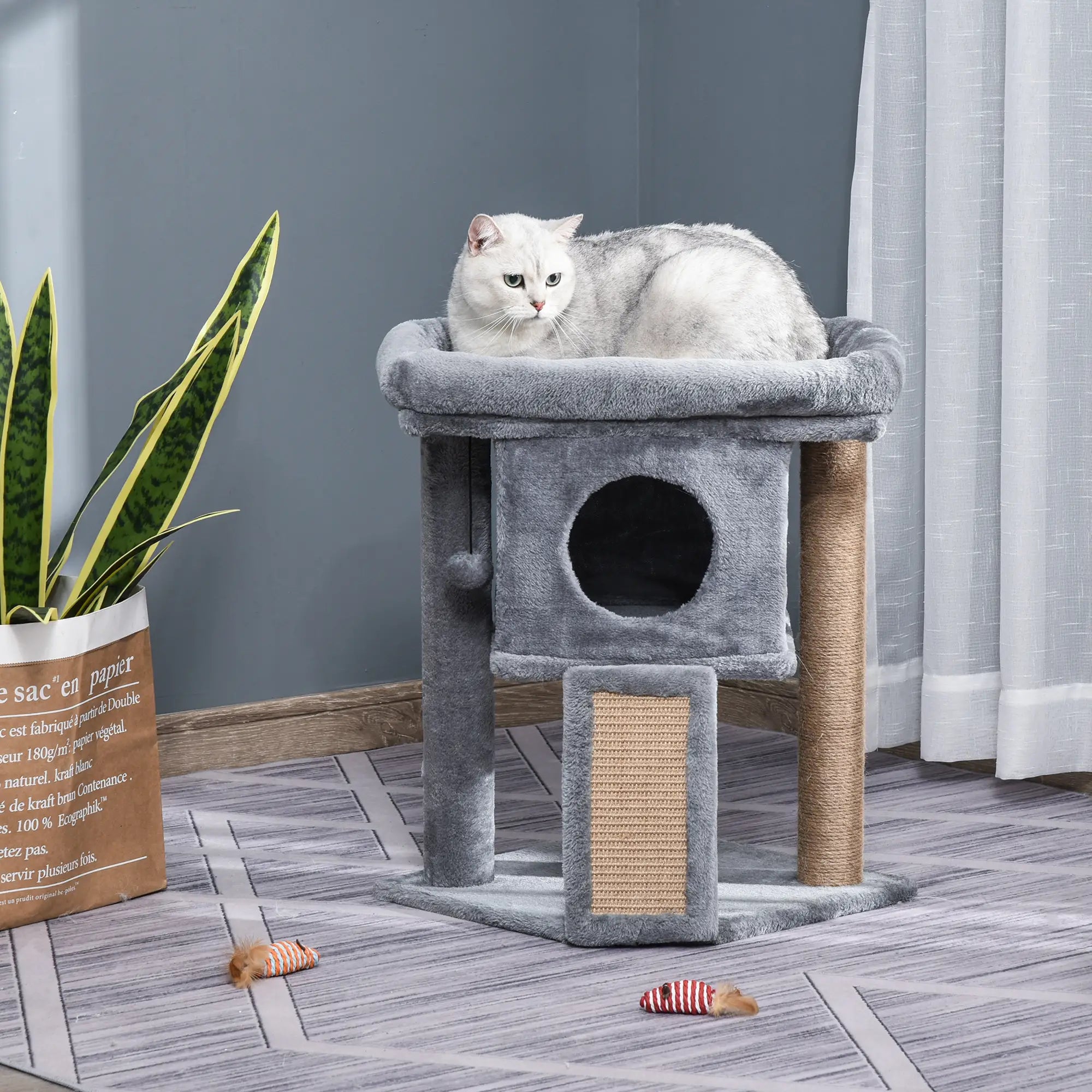 Small Cat Tree Tower with Perch, Scratching Post, Condo, Toy Ball, Grey Cat Posts at Gallery Canada