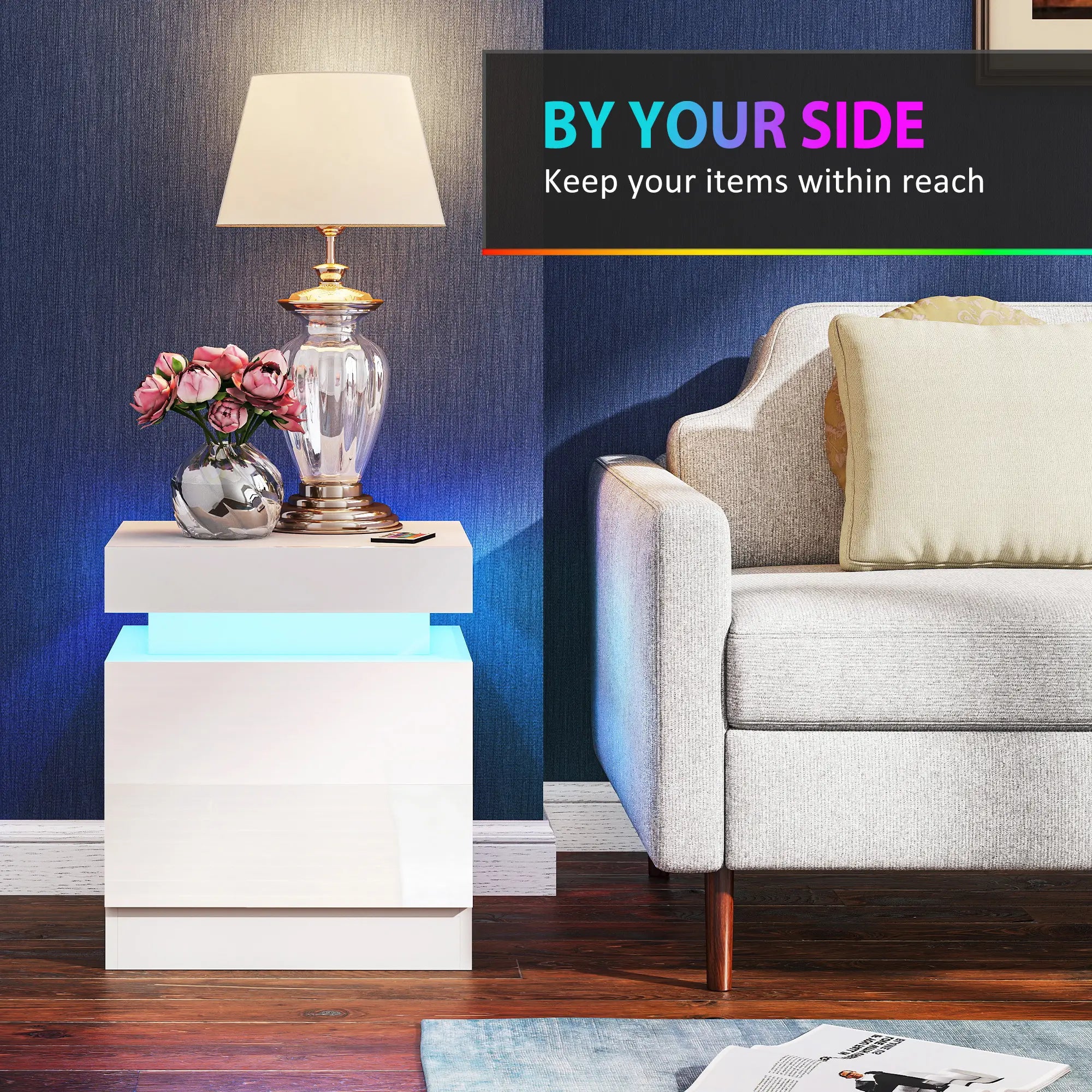 Nightstand Set of 2, LED Lights, 2 Drawers, White Bedside Tables at Gallery Canada