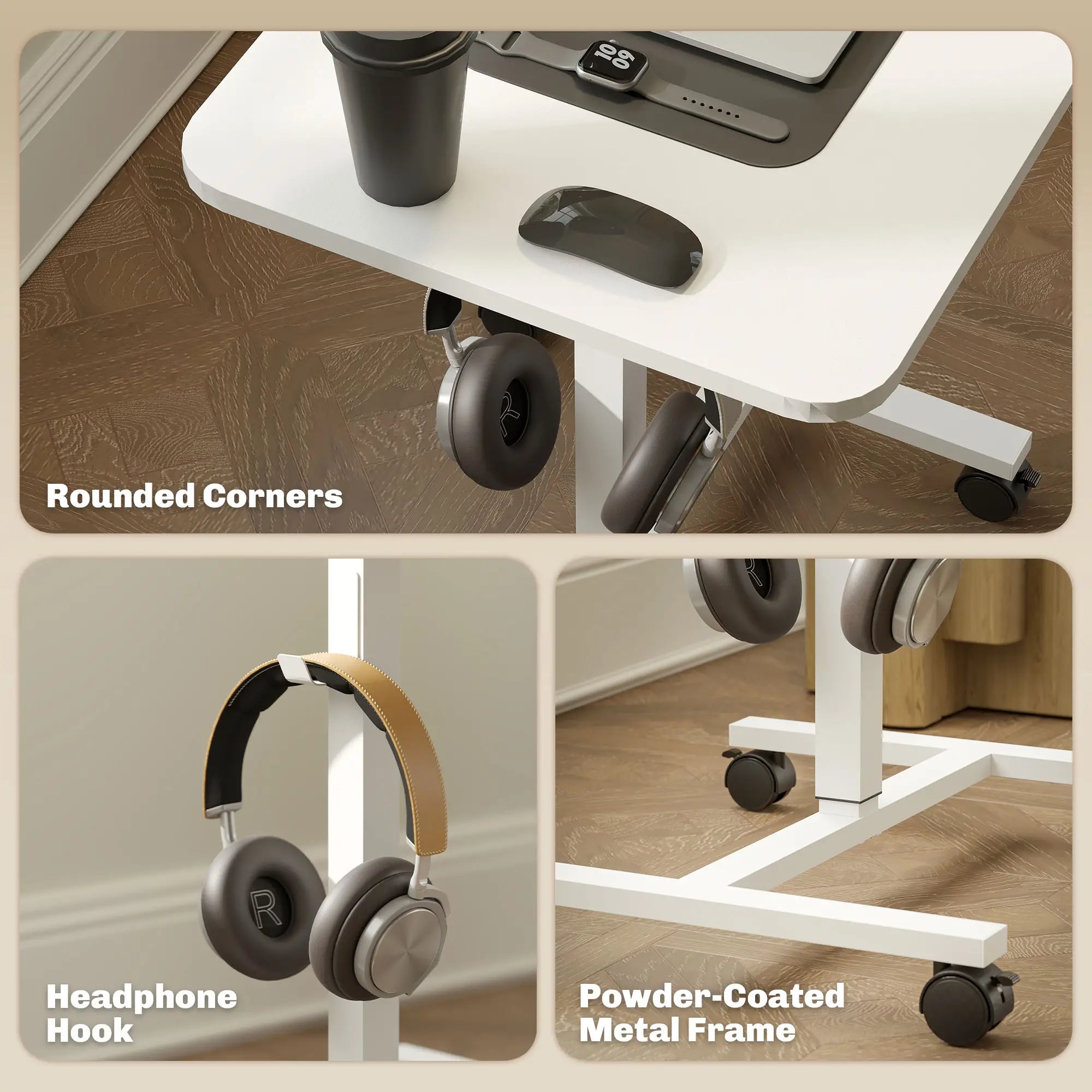 Height Adjustable Standing Desk, Pneumatic Sit Stand Desk, White Wood Grain, White Office Desks & Work Stations at Gallery Canada