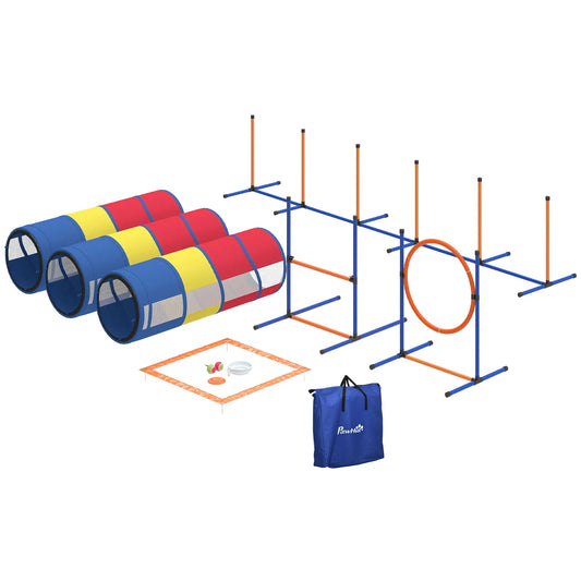 Dog Agility Training Equipment, 11-Piece Obstacle Course, Adjustable Hurdle, Ring, Tunnels, Weave Poles Dog Agility Training Equipment Blue, Yellow, Red, White, Orange at Gallery Canada