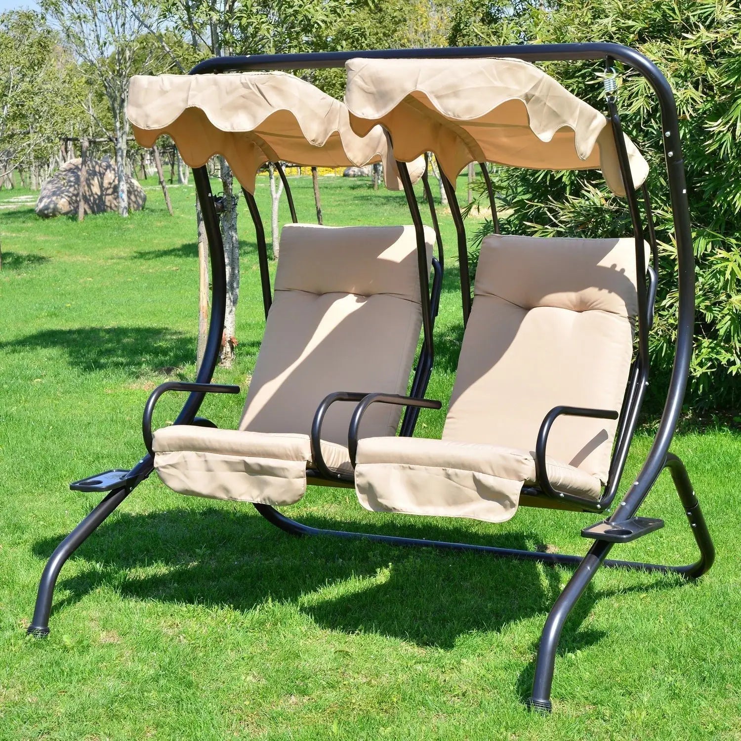 Metal Outdoor Swing Chair, 2 Seater Hammock with Canopy, Beige Patio Swings with Stand at Gallery Canada