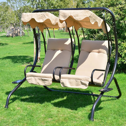 Metal Outdoor Swing Chair, 2 Seater Hammock with Canopy, Beige Patio Swings with Stand at Gallery Canada