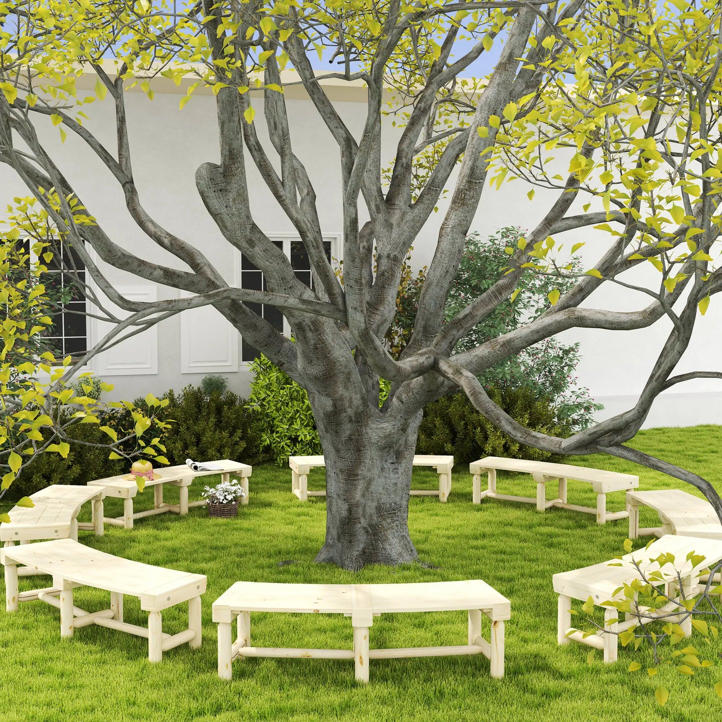 Wooden Outdoor Bench, Wrap Around Tree, Slatted Seat, Natural Outdoor Benches at Gallery Canada