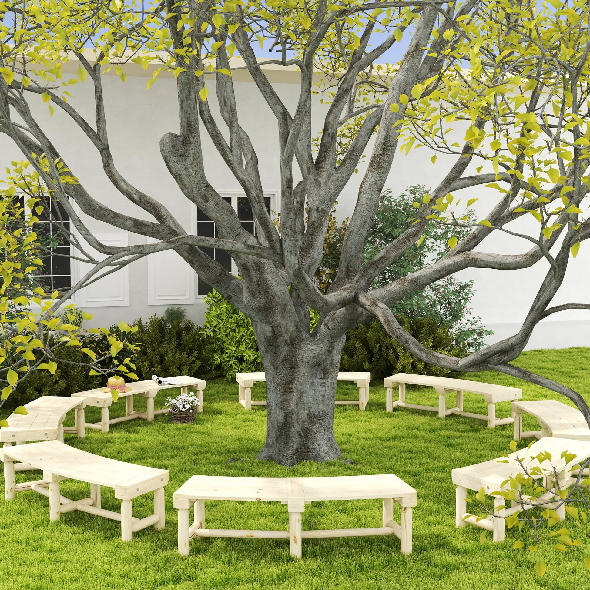 Wooden Outdoor Bench, Wrap Around Tree, Slatted Seat, Natural Outdoor Benches at Gallery Canada